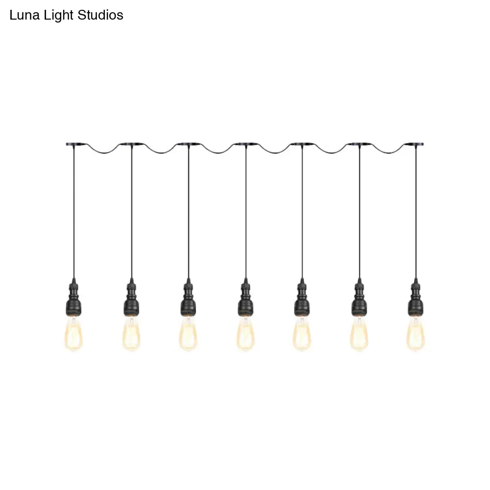Vintage Iron Restaurant Pendant Lamp - Exposed Bulb Black Finish 5/7 Lights Tandem Multi-Hanging