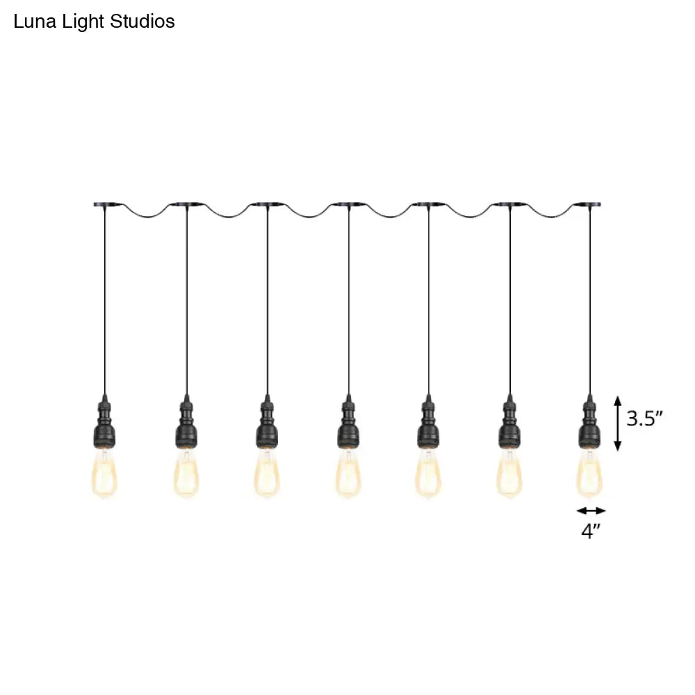 Vintage Iron Restaurant Pendant Lamp - Exposed Bulb Black Finish 5/7 Lights Tandem Multi-Hanging