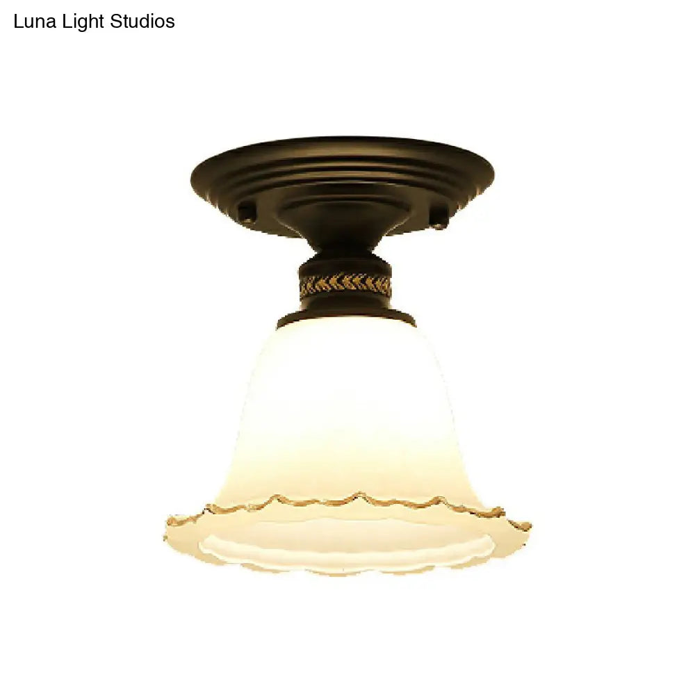 Vintage Ivory Glass Flared Ceiling Light With 1 Bulb - Semi Mount Black Fixture