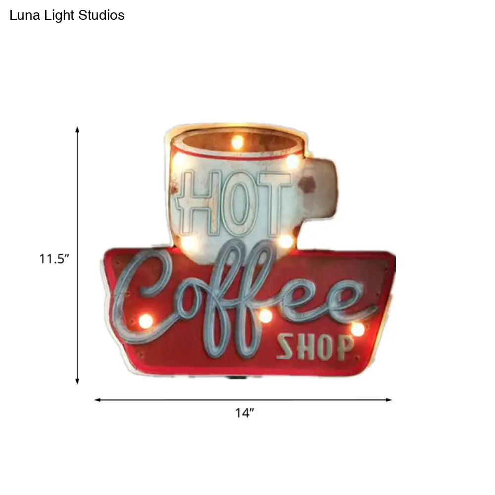 Vintage Led Wall Mounted Light: Red Coffee Cup/White Milk Bottle Signage Night Lamp With Iron Shade