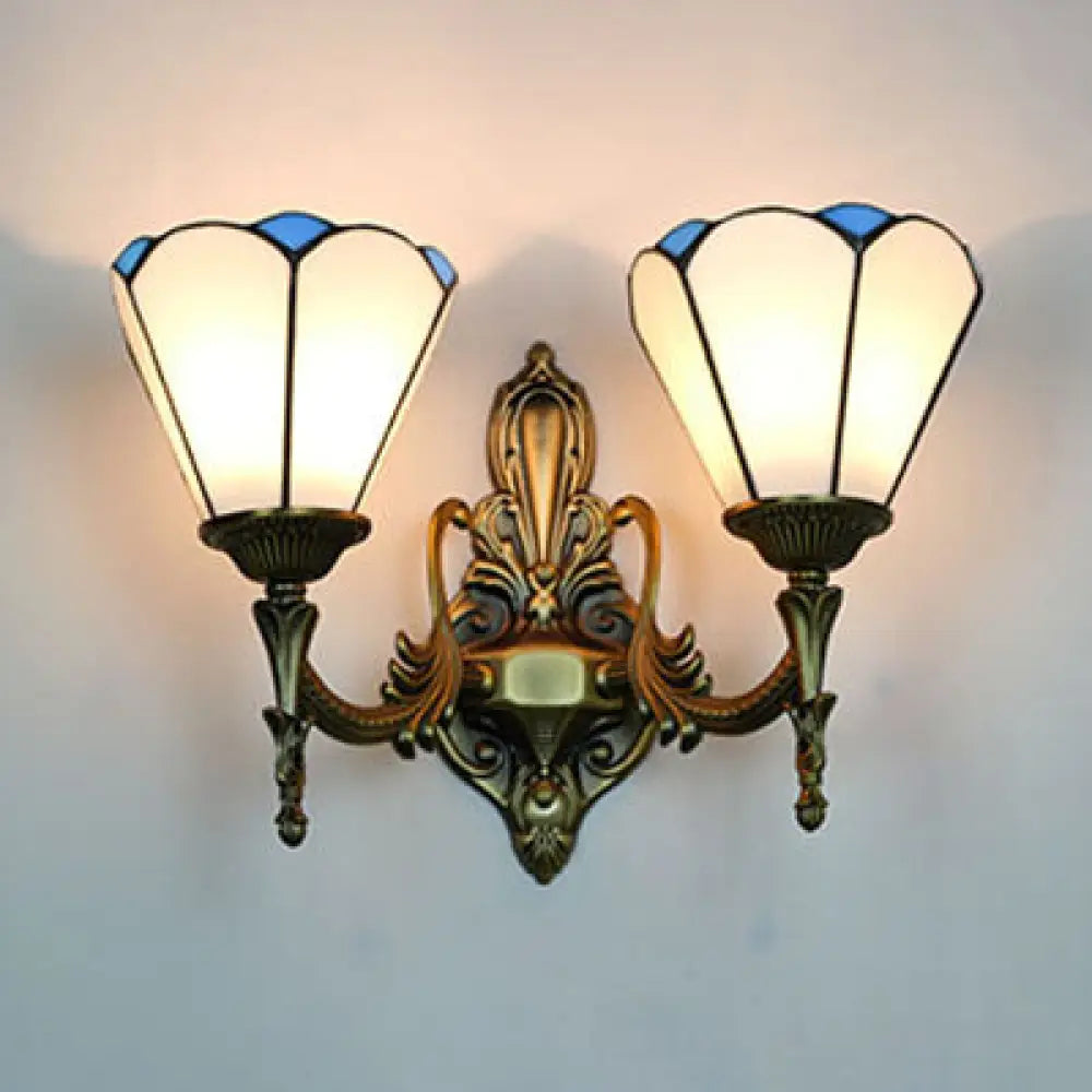 Vintage Loft Stained Glass Cone Wall Sconce Light In White/Blue - 2 Lights For Bedroom White