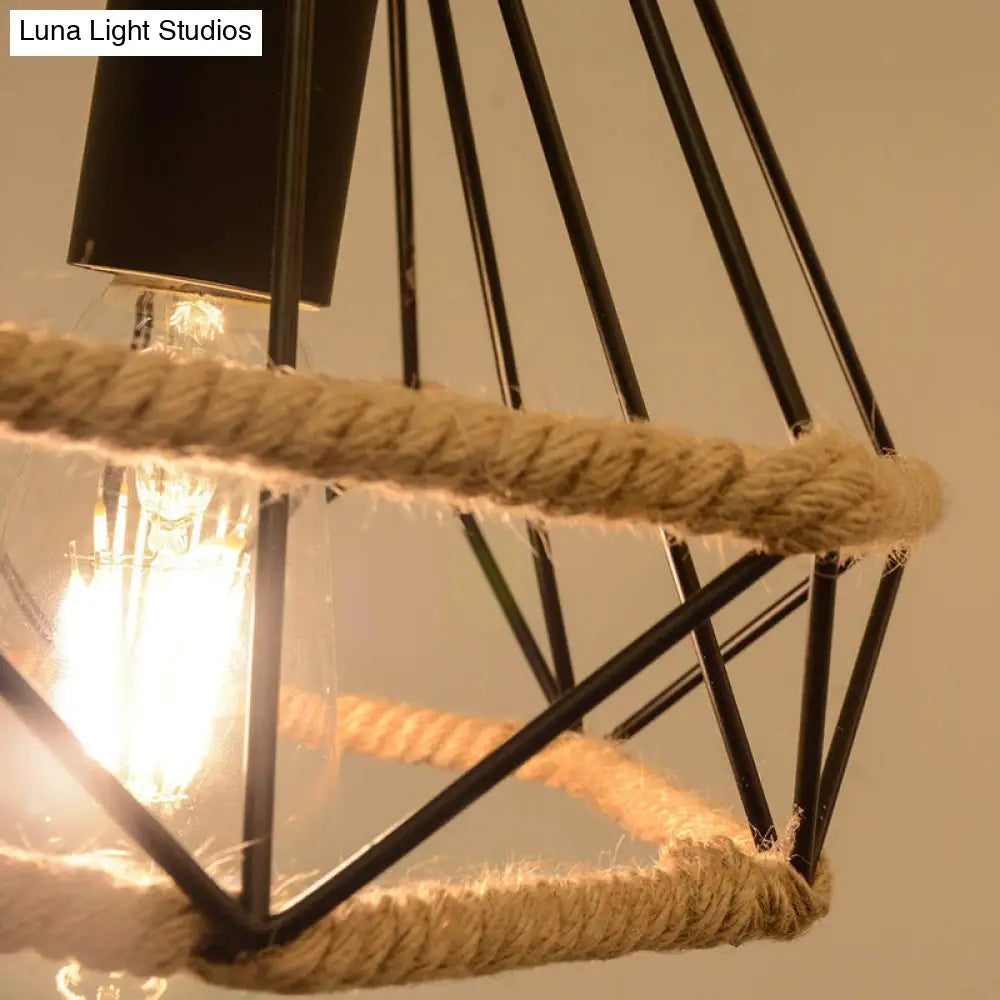 Vintage Metal And Rope Ceiling Pendant: Black Diamond Design With Cage For Coffee Shop Ambiance