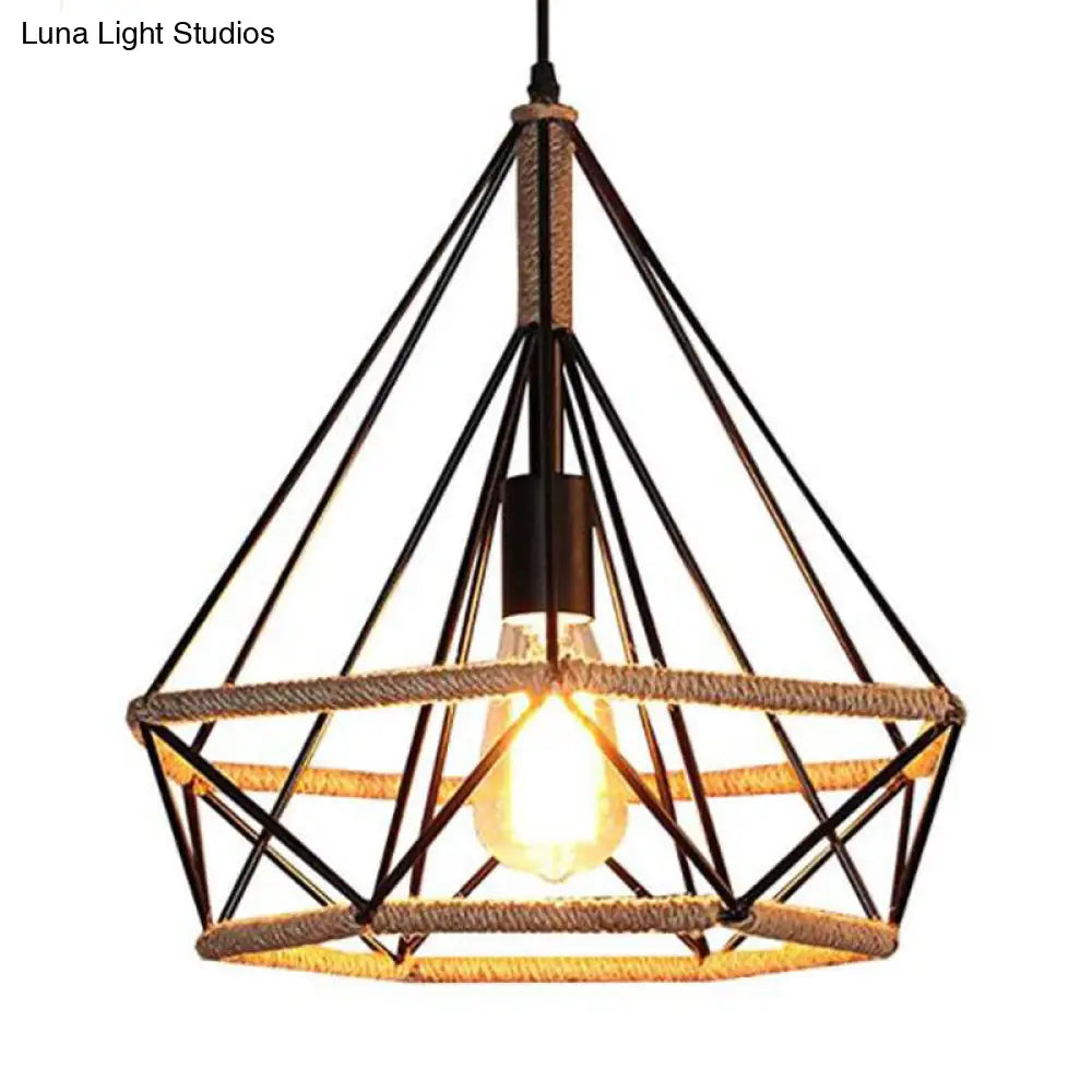 Vintage Metal And Rope Ceiling Pendant: Black Diamond Design With Cage For Coffee Shop Ambiance