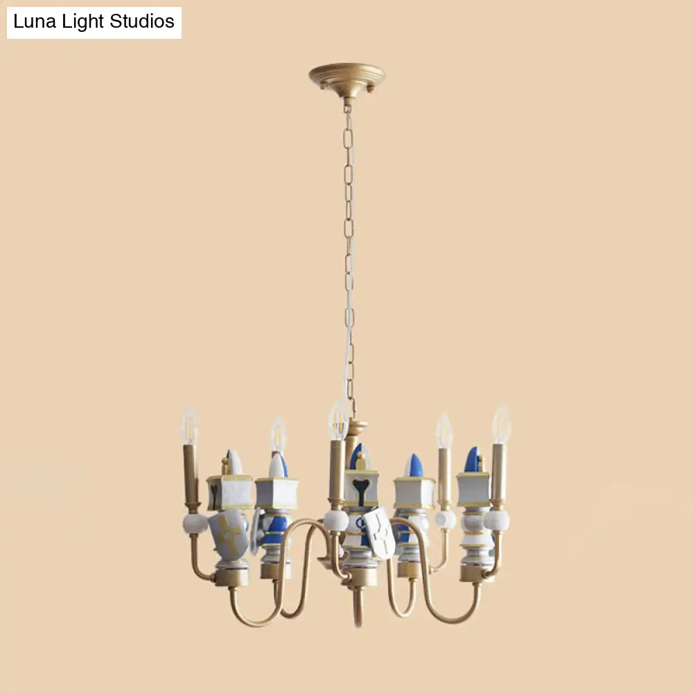 Vintage Metal Curved Arm Pendant Chandelier With 5 Bulbs - Gold Finish Ceiling Suspension Light