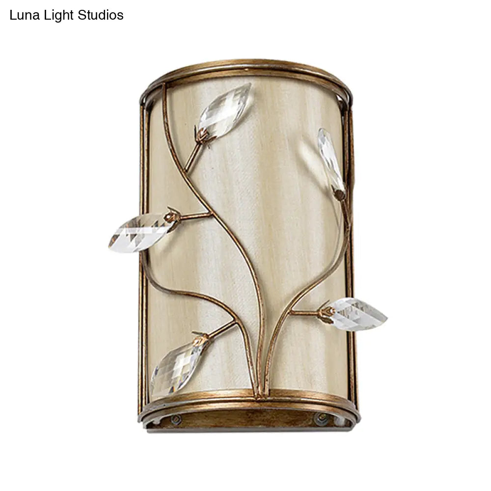 Vintage Metal Cylinder Wall Lamp Sconce With Crystal Leaf Deco In Brass Finish - 1/3-Light Lighting