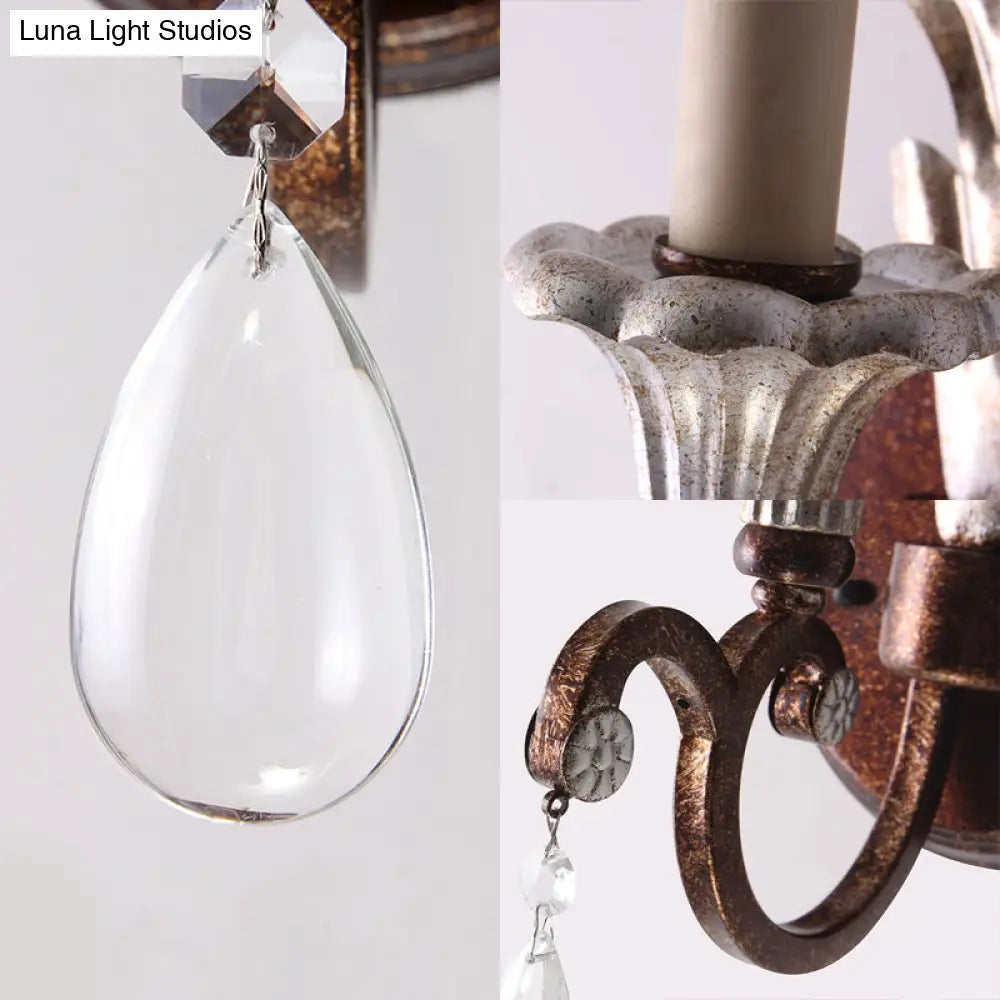 Vintage Metal Rust Sconce Lamp With Exposed Bulb And Crystal Drop - 1-Light Wall Mounted Lighting