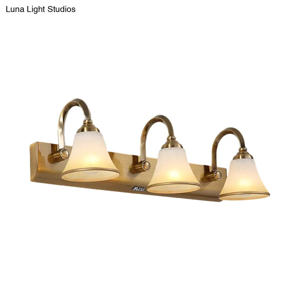 Vintage Opal Glass Bell Wall Mounted Vanity Sconce With Gold Finish And Metal Swooping Arm - 2/3/4