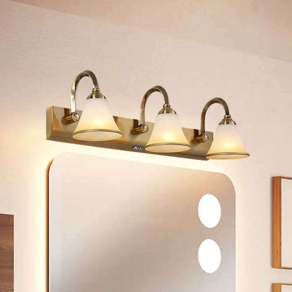 Vintage Opal Glass Bell Wall Mounted Vanity Sconce With Gold Finish And Metal Swooping Arm - 2/3/4