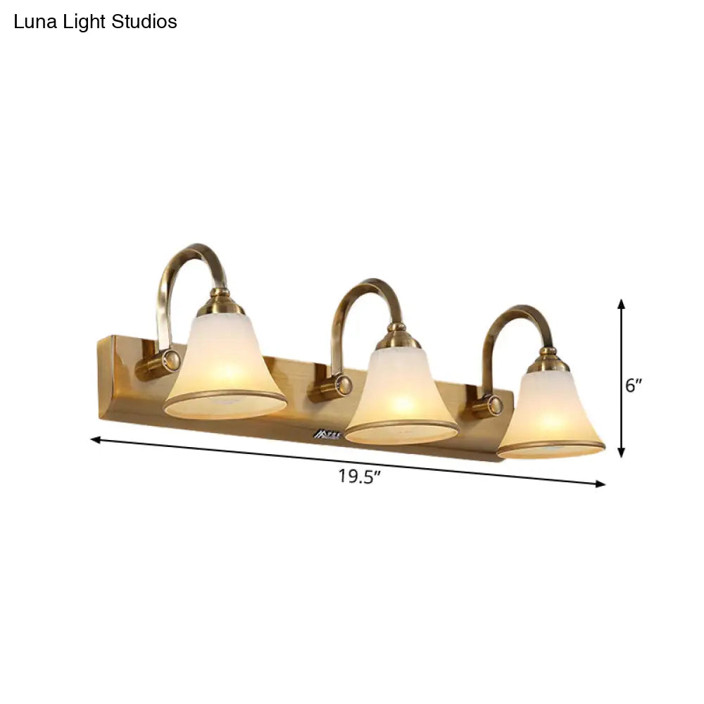 Vintage Opal Glass Bell Wall Mounted Vanity Sconce With Gold Finish And Metal Swooping Arm - 2/3/4