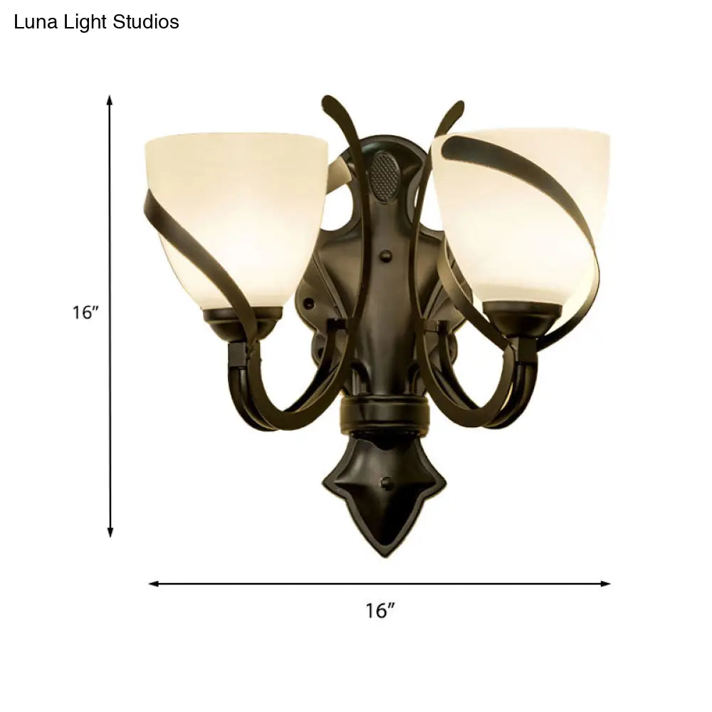 Vintage Porch Wall Lamp - White Glass Black Dome Sconce With Curvy Arm 1/2-Light