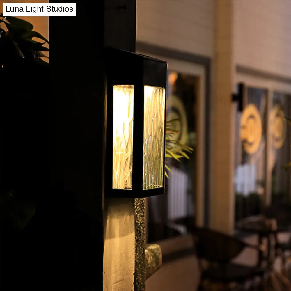 Vintage Rectangular Glass Solar Wall Light With Ripple Design - Outdoor Led Lamp In Black