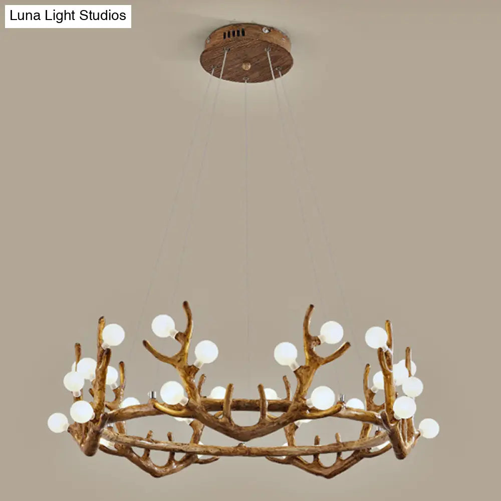 Vintage Resin Brown Led Chandelier Light - Antler Living Room Ceiling Lighting With Frosted Glass