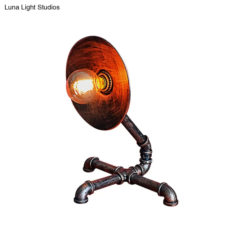 Vintage Round Table Lamp With Metal Shade & Pipe-Like Base - Antique Style Rust Finish Ideal For