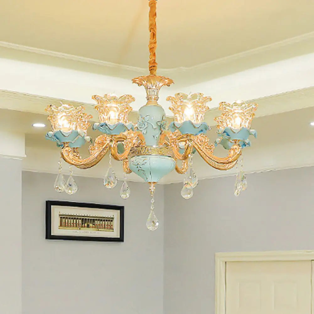 Vintage Ruffle Glass Flower Chandelier With Hanging Crystal - Blue Pendant Light For Living Room 10