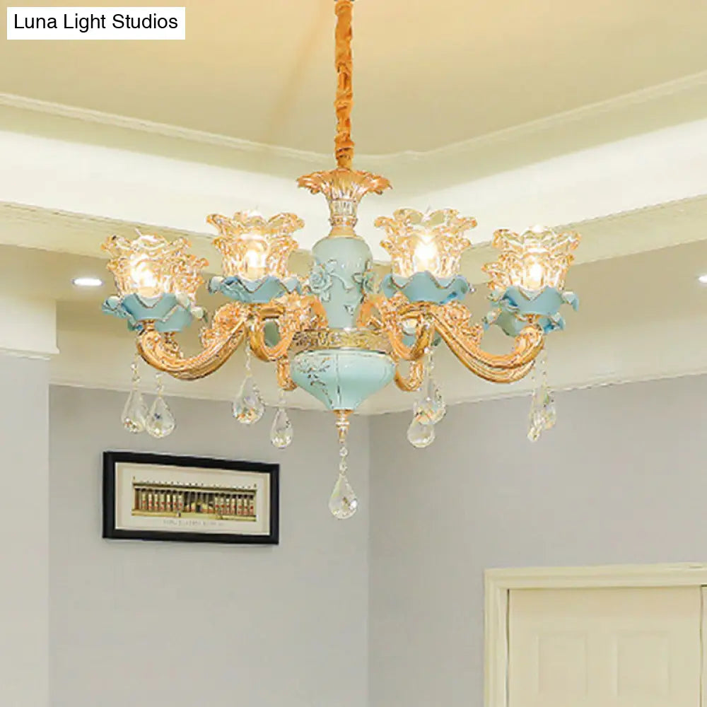 Vintage Ruffle Glass Flower Chandelier With Hanging Crystal - Blue Pendant Light For Living Room