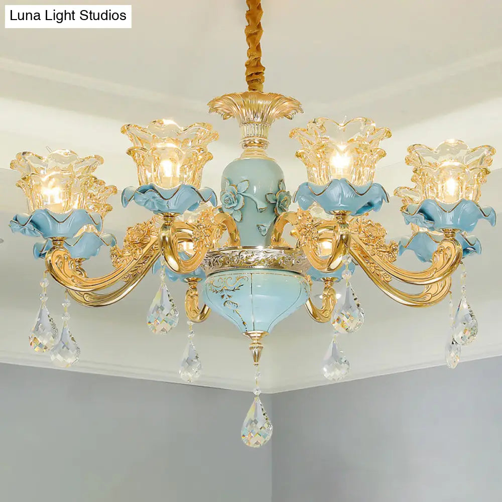 Vintage Ruffle Glass Flower Chandelier With Hanging Crystal - Blue Pendant Light For Living Room
