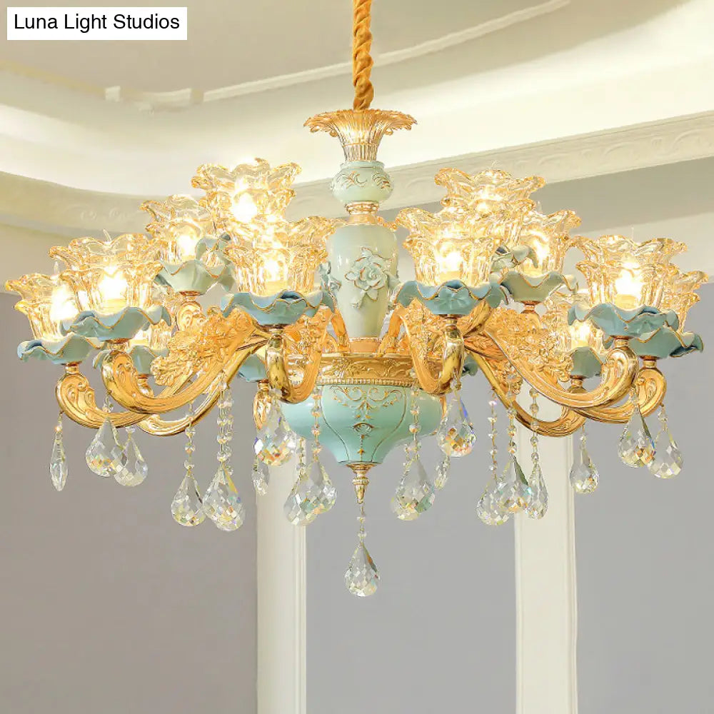 Vintage Ruffle Glass Flower Chandelier With Hanging Crystal - Blue Pendant Light For Living Room
