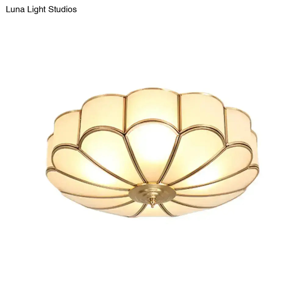 Vintage Scalloped Frosted Glass Flush Mount Light With Brass Finish - 3 Lights For Bedroom Ceiling