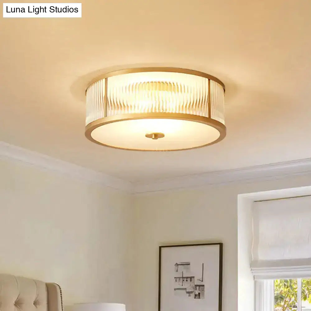 Vintage Scalloped Frosted Glass Flush Mount Light With Brass Finish - 3 Lights For Bedroom Ceiling