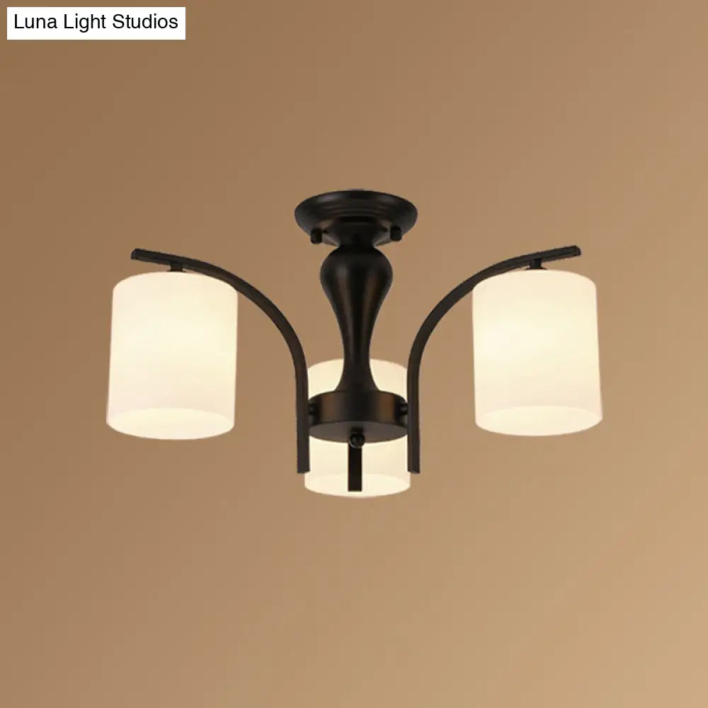 Vintage Semi-Mount Ceiling Light In Black With White Glass Cylinder - 3/5/8 Lights For Living Room