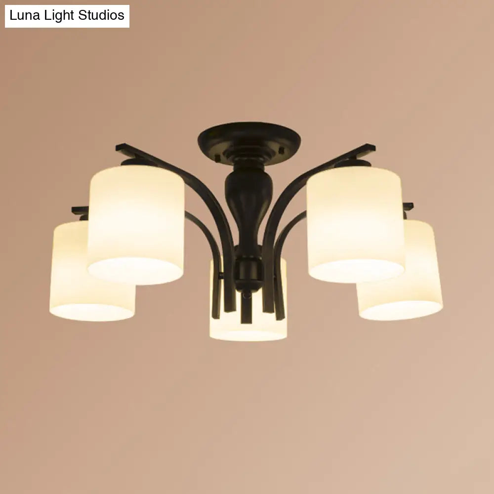 Vintage Semi-Mount Ceiling Light In Black With White Glass Cylinder - 3/5/8 Lights For Living Room