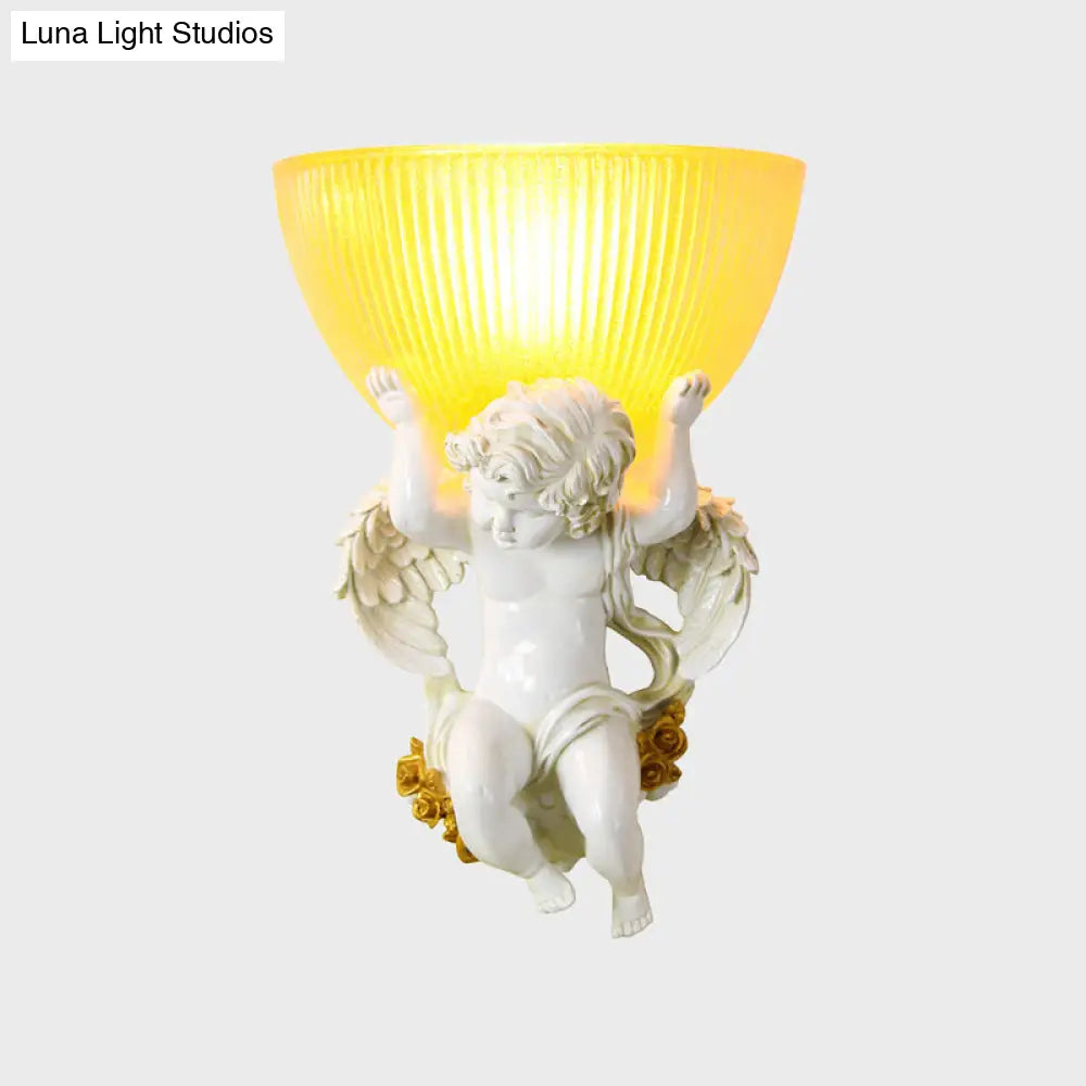 Vintage Silver/White/Beige Resin Angel Wall Lamp With Amber Fluted Glass Shade