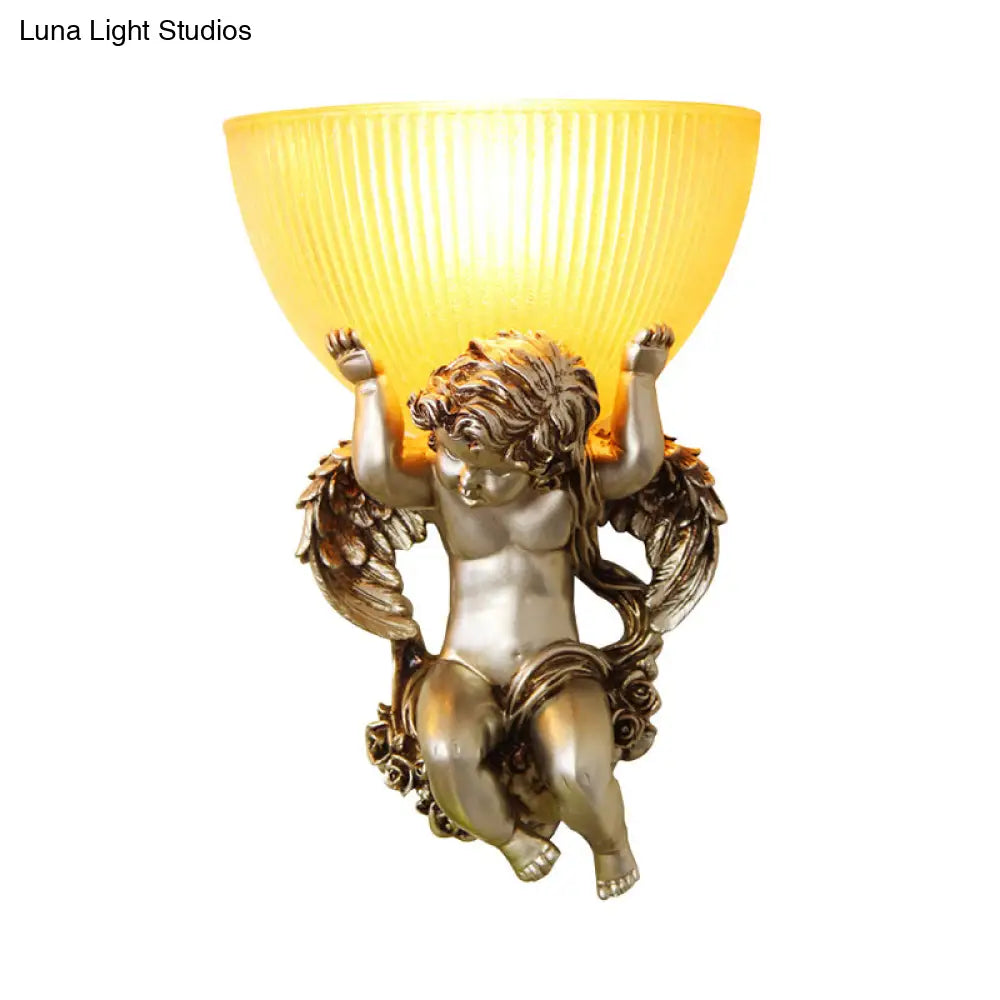 Vintage Silver/White/Beige Resin Angel Wall Lamp With Amber Fluted Glass Shade