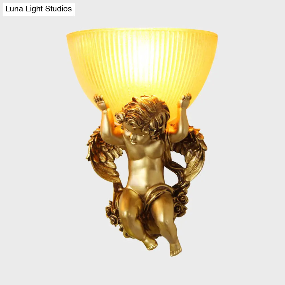 Vintage Silver/White/Beige Resin Angel Wall Lamp With Amber Fluted Glass Shade