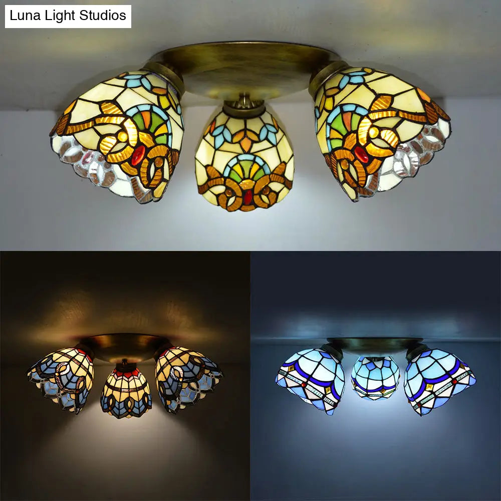 Vintage Stained Glass Dome Shade Ceiling Fixture - Victorian/Mediterranean/Baroque Pattern Flush