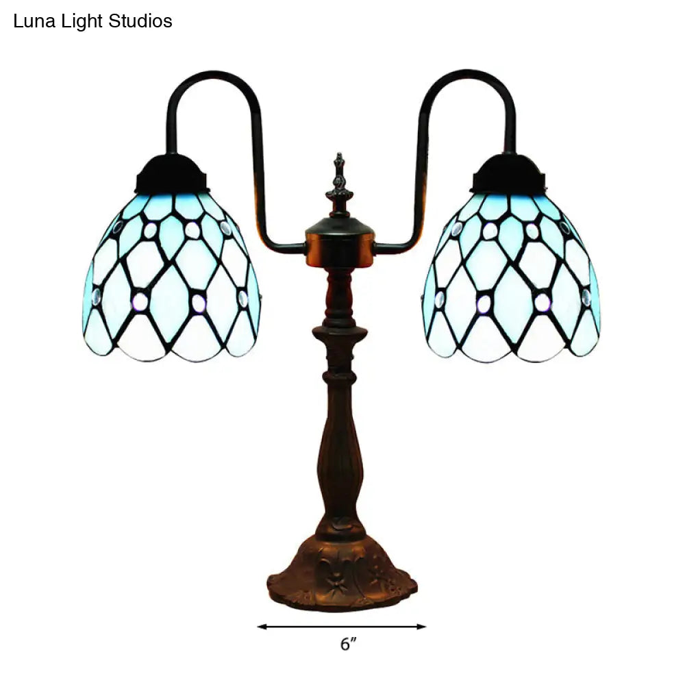 Vintage Stained Glass Dome Table Lamp With Industrial Accent In Blue - 2 Lights Ideal For Bedside