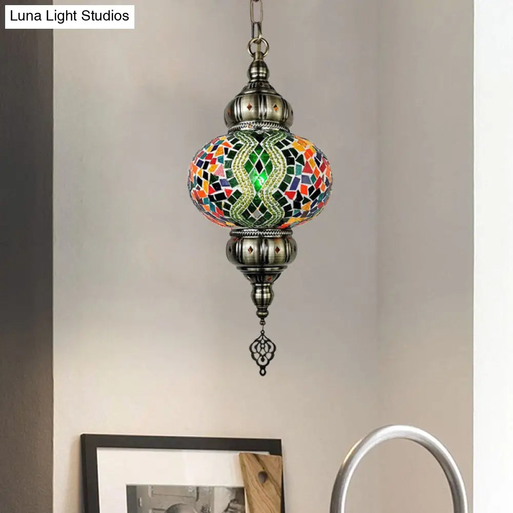 Vintage Stained Glass Pendant Lamp - Red/Orange/Green Oval Single Head Suspension Lighting