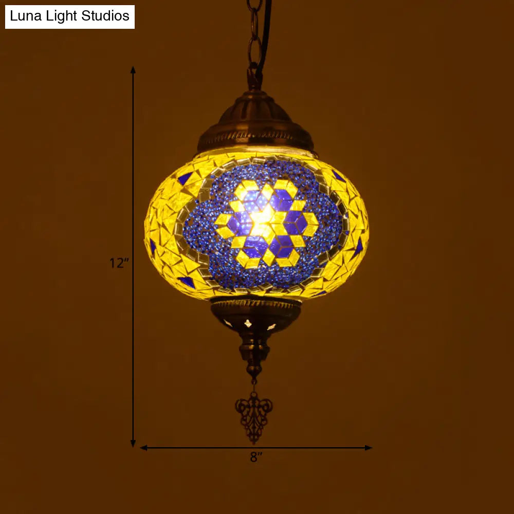 Vintage Stained Glass Spherical Hanging Pendant In Red/Blue/Yellow For Living Room