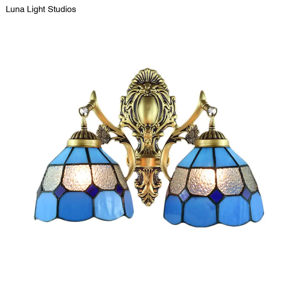 Vintage Stained Glass Wall Mount Lighting Fixture - 2-Headed Blue Perfect For Stairways