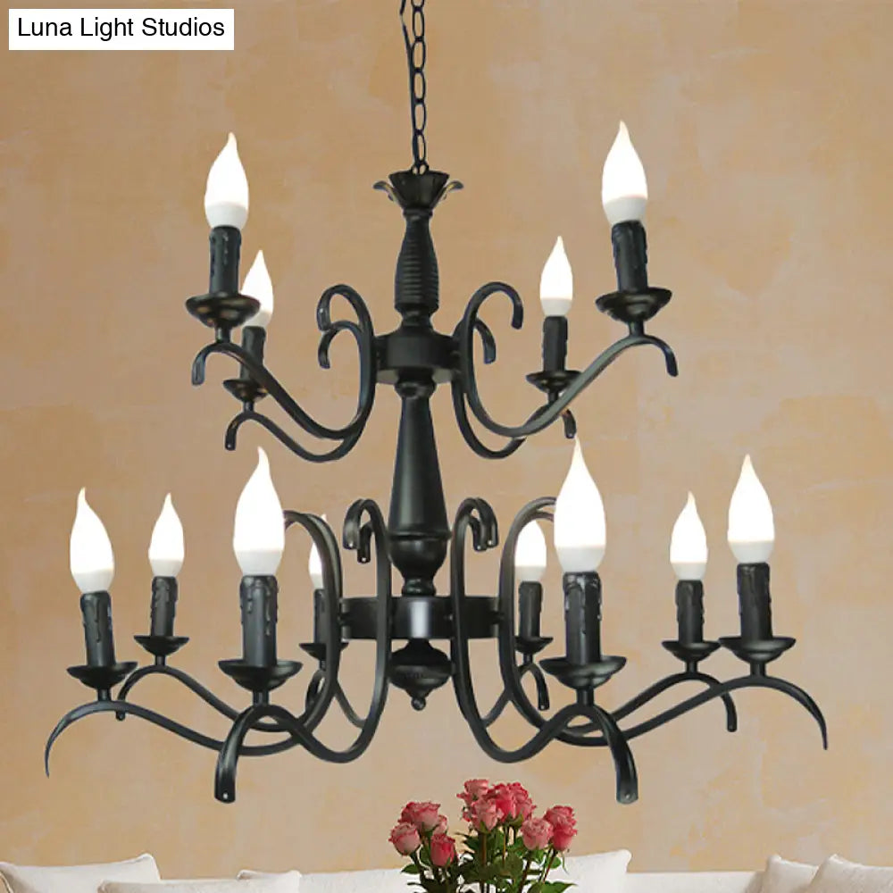 Vintage Style 3/5-Head Flameless Candle Chandelier - Black Metallic Hanging Lamp For Living Room