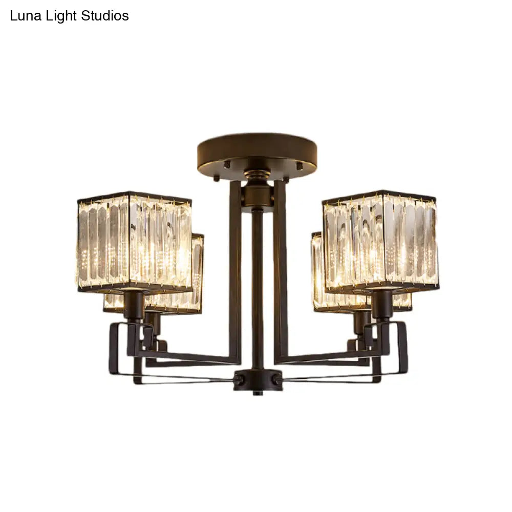 Vintage Style Black Square Metal Ceiling Light Fixture With Crystal Prism - 4/6/8 Lights Ideal For