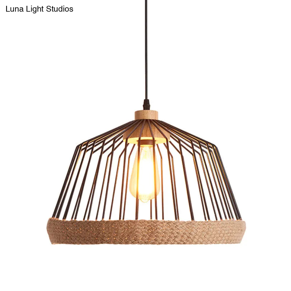 Vintage Style Black Wire Cage Ceiling Fixture - 1 Light Kitchen Hanging Lamp With Rope