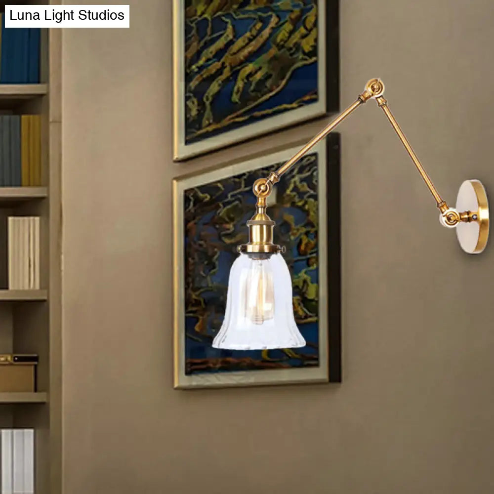 Vintage Style Brass Flared Wall Lighting With Clear Textured Glass - 1 Light Sconce Fixture For
