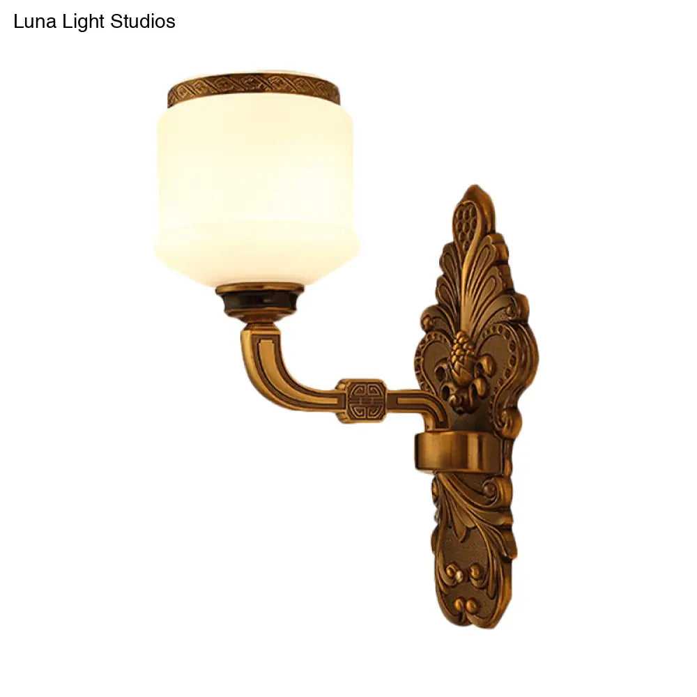 Vintage Style Brass Wall Sconce Lamp With 1/2-Light Drum Shade In White Glass