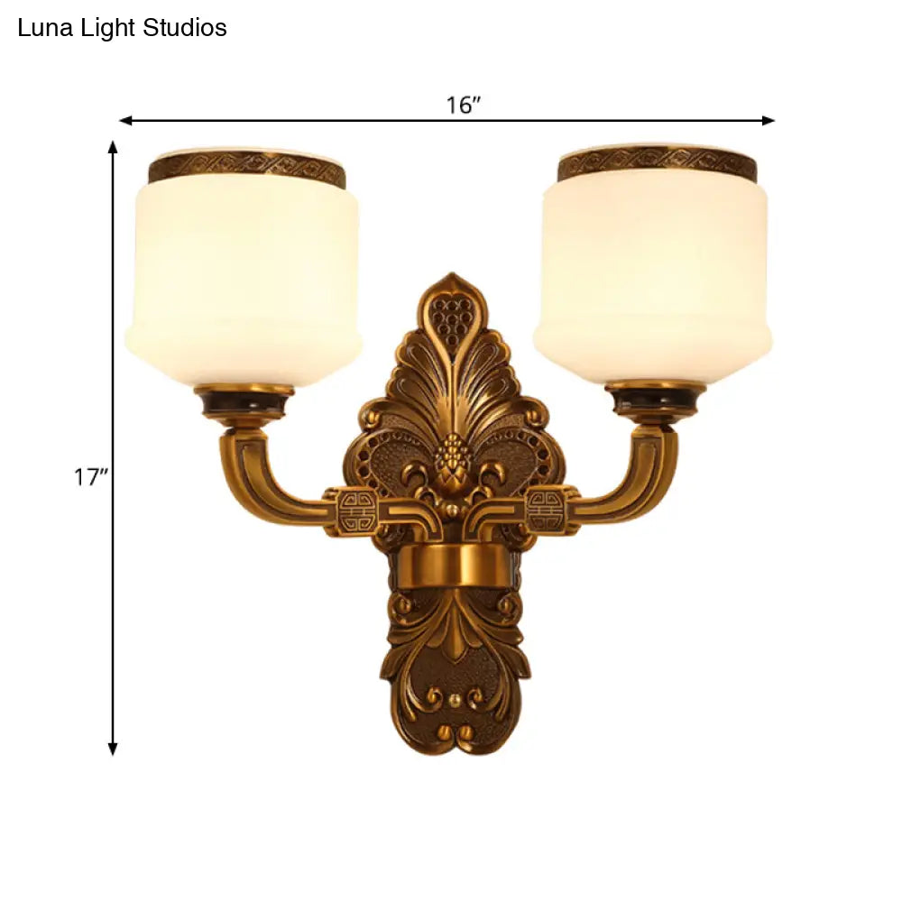 Vintage Style Brass Wall Sconce Lamp With 1/2-Light Drum Shade In White Glass