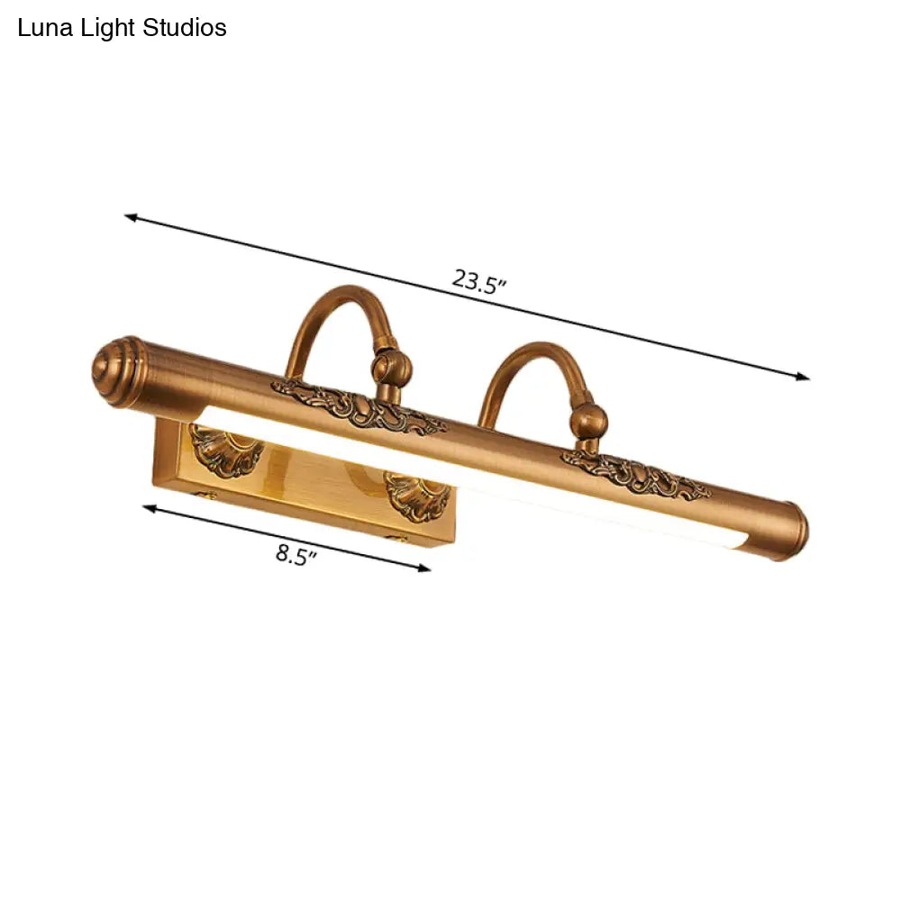 Vintage-Style Carved Vanity Light With Golden Led Tube Shade - Perfect For Bathroom Walls