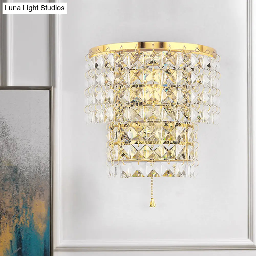 Vintage Style Crystal Wall Sconce With Double Layers & Chrome/Gold Finish - 1 Light Square Shape