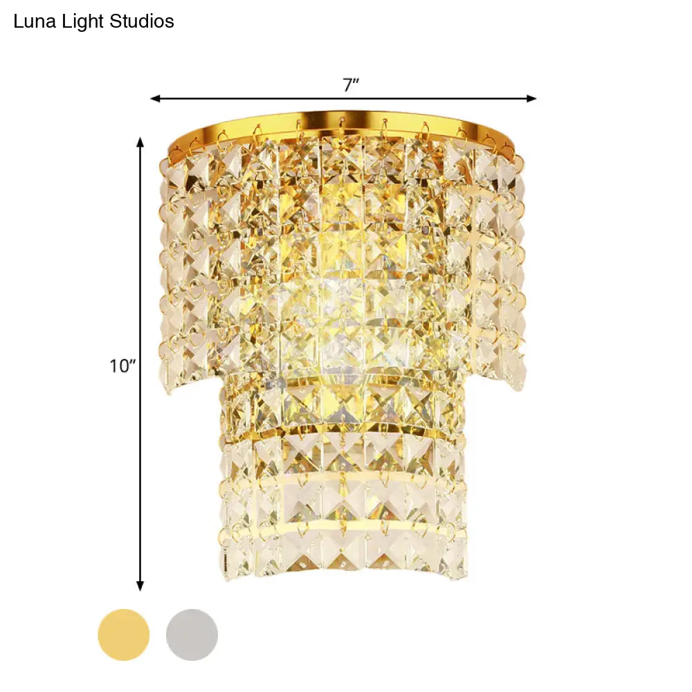 Vintage Style Crystal Wall Sconce With Double Layers & Chrome/Gold Finish - 1 Light Square Shape