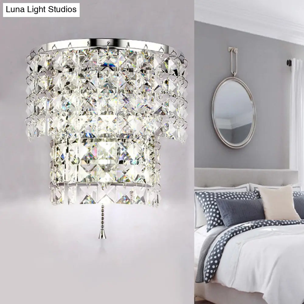 Vintage Style Crystal Wall Sconce With Double Layers & Chrome/Gold Finish - 1 Light Square Shape