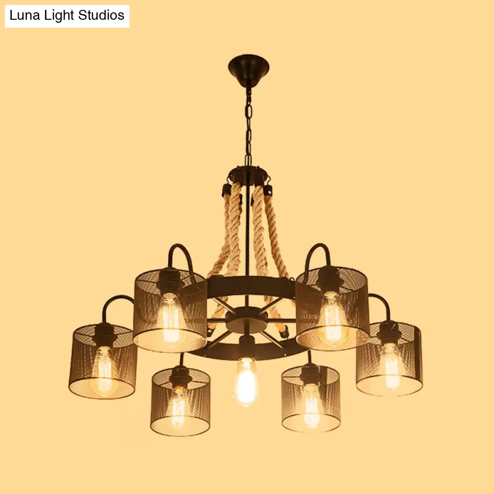 Vintage Style Cylinder Mesh Metal Shade Chandelier: 6-Head Restaurant Hanging Light In Beige