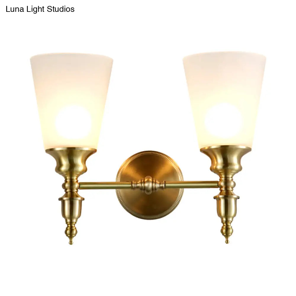 Vintage Style Frosted Glass Wall Mount Light In Brass With Conical Shape And 1/2-Head