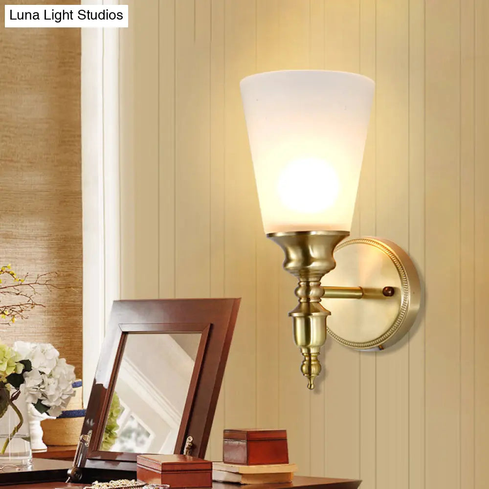 Vintage Style Frosted Glass Wall Mount Light In Brass With Conical Shape And 1/2-Head