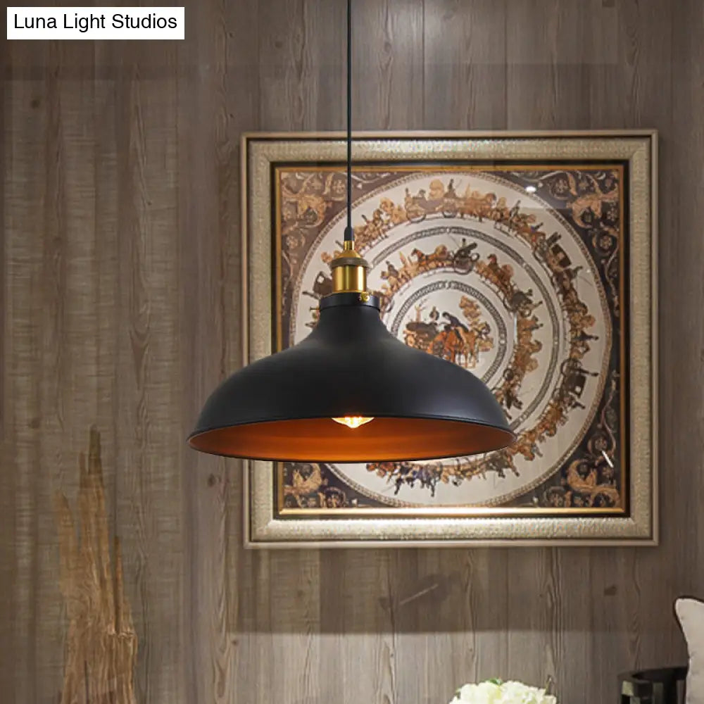 Vintage Style Pendant Lamp For Restaurant - Metal Bowl Ceiling Light In Black/White