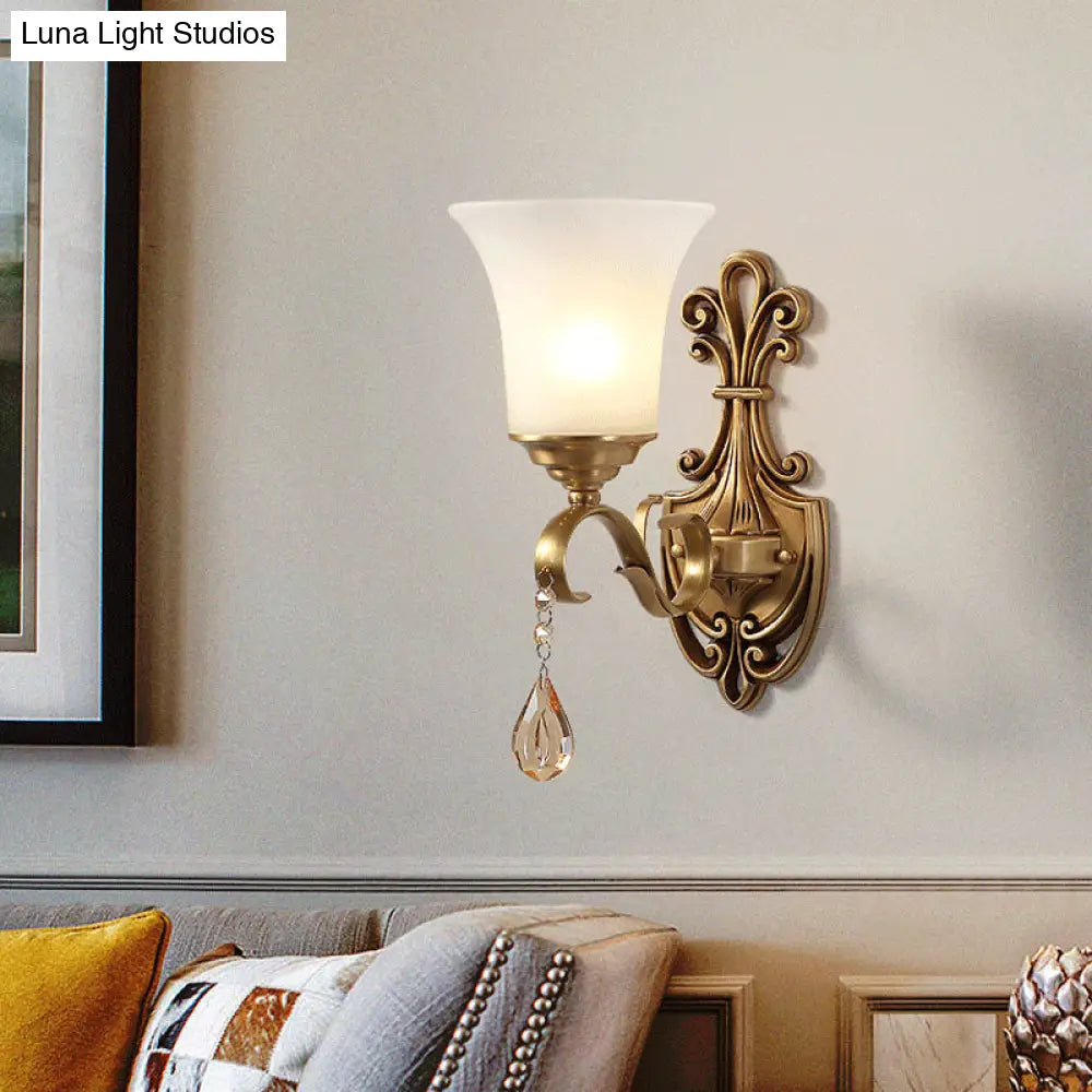 Vintage-Style White Glass Bell Wall Sconce Light With Brass Finish And Crystal Accent For Bedroom
