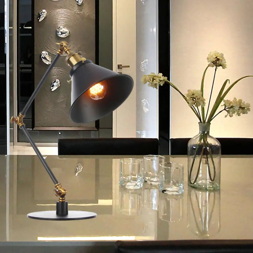 Vintage Stylish Conical Table Lamp With Metallic Shade Ideal For Study Rooms - 1 Head Black/Brass