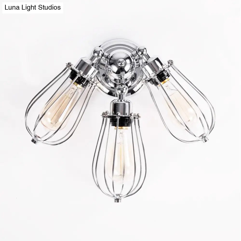 Vintage Stylish Metal Wire Guard Sconce Light - Polished Chrome 3 Bulbs Wall Lighting For Living